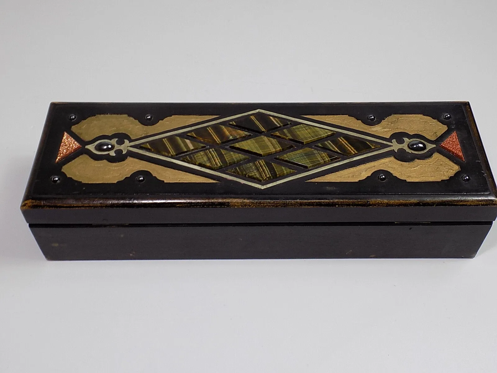 Vintage Jugendstil Holz Schaltulle Box Einlegearbeit Perlen Holz um 1900