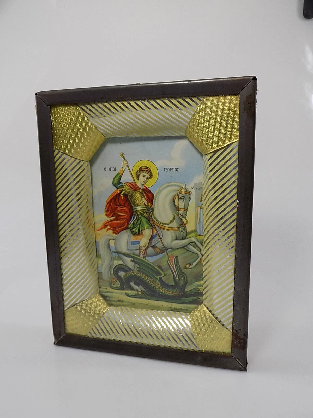 SCHÖNES HEILIGENBILD HINTER GLAS ST.GEORG DRACHENTÖTER SAKRAL HOLZRAHMEN 20.JHD