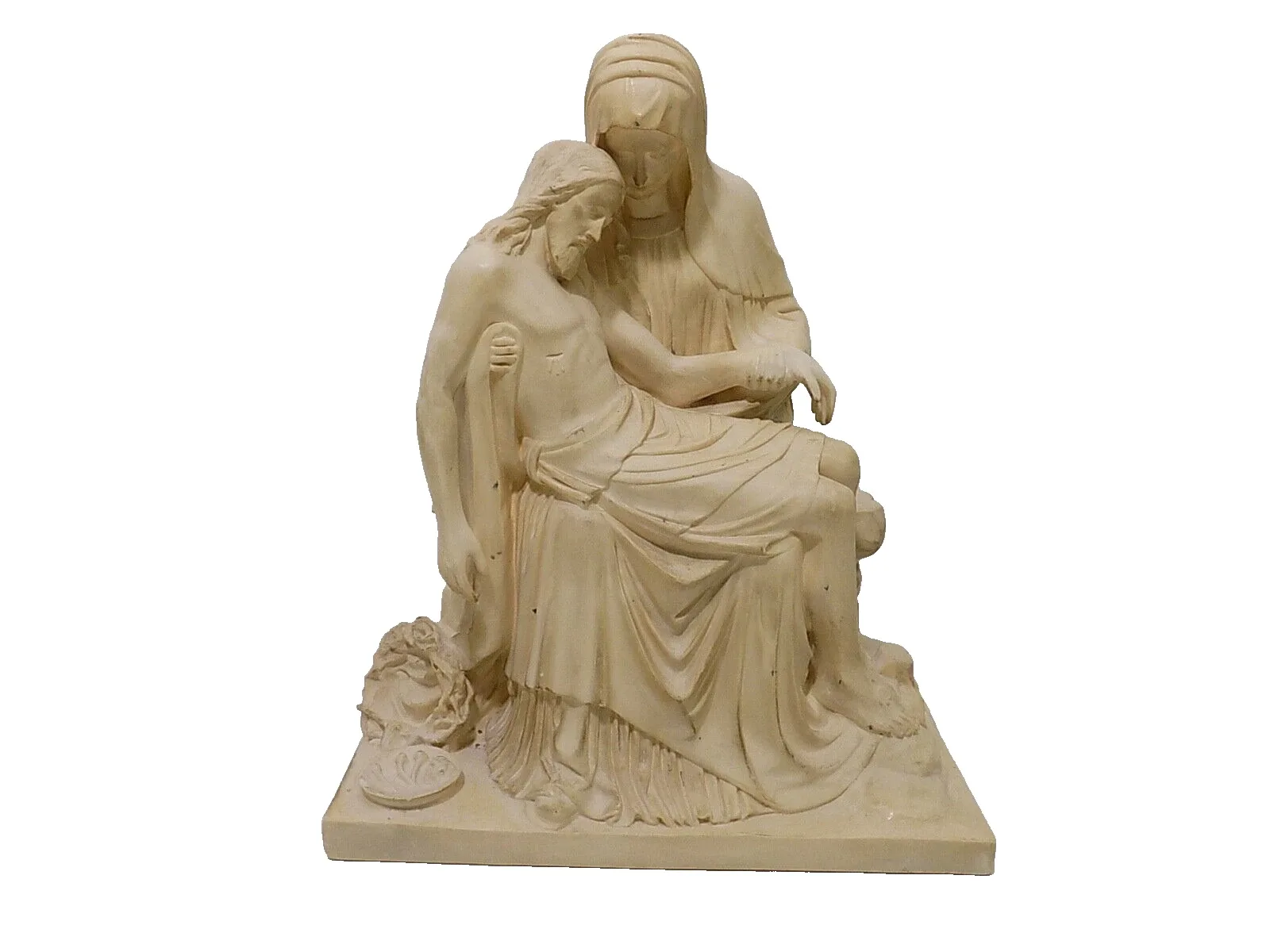 Schöne Antike Sakrale Skulptur Relief Pieta Maria und Jesus Gips Steinfassung