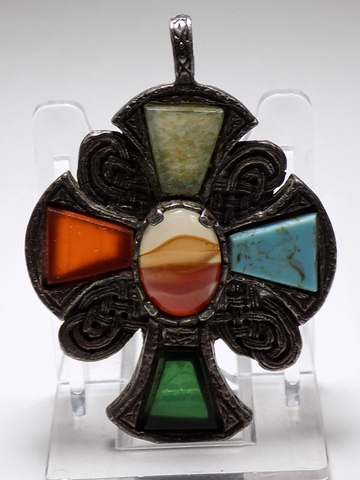 Vintage Antiker Anhänger Kreuz fünf Steine Britain Versilbert Antikschmuck